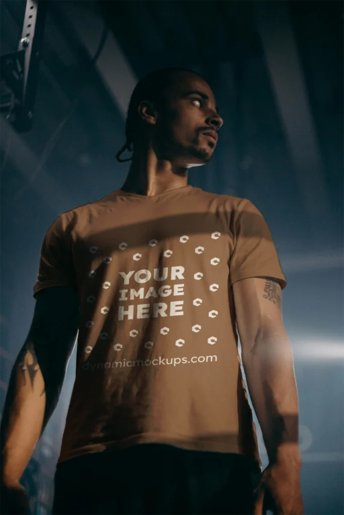 Man Wearing Brown T-shirt Mockup Front View Template