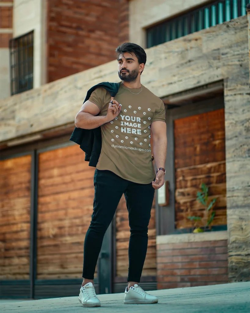 Man Wearing Brown T-shirt Mockup Front View Template