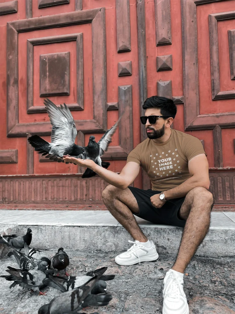 Man Wearing Brown T-shirt Mockup Front View Template