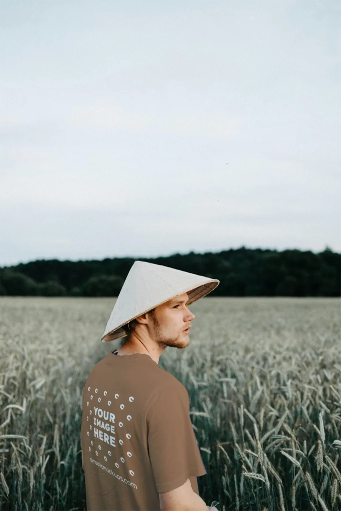 Man Wearing Brown T-shirt Mockup Front View Template