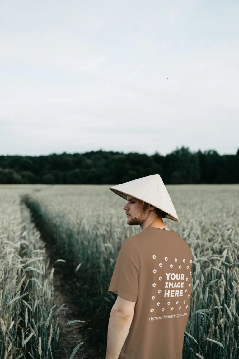 Man Wearing Brown T-shirt Mockup Front View Template