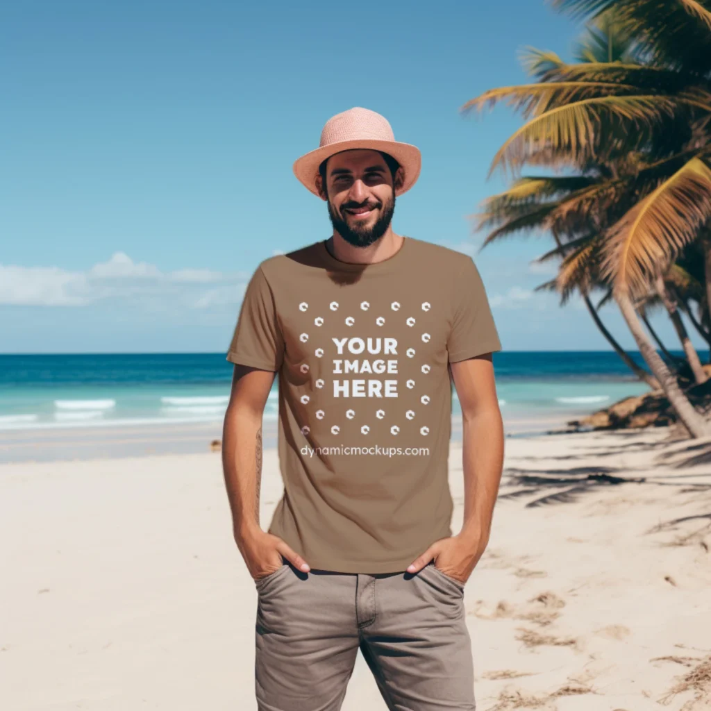 Man Wearing Brown T-shirt Mockup Front View Template