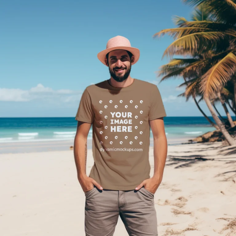 Man Wearing Brown T-shirt Mockup Front View Template