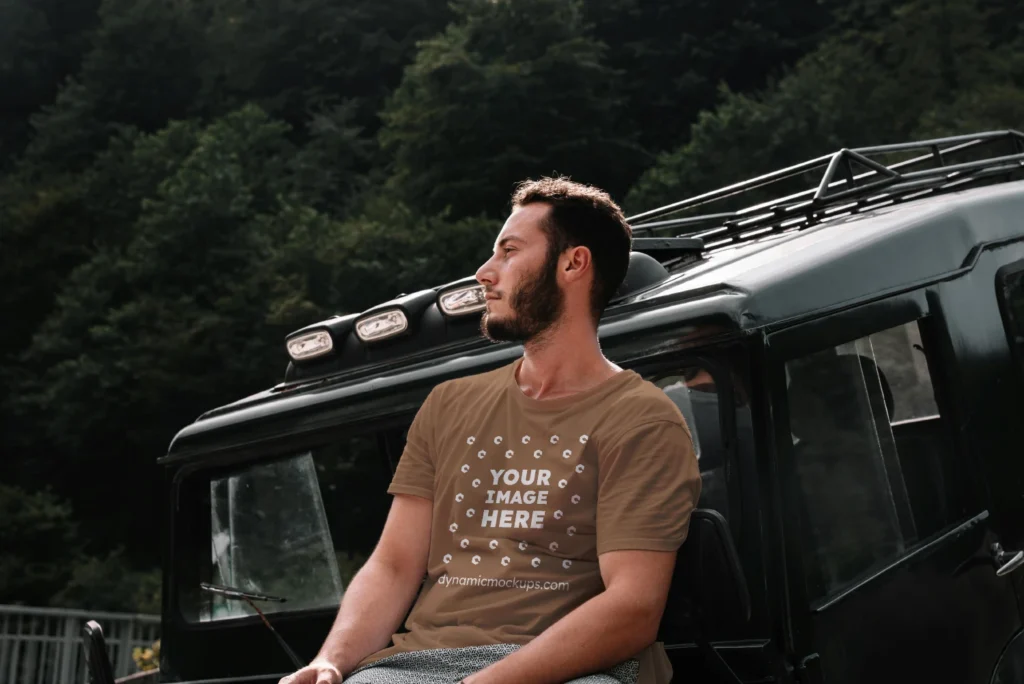 Man Wearing Brown T-shirt Mockup Front View Template