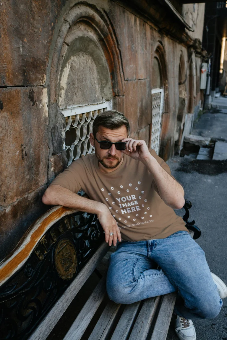 Man Wearing Brown T-shirt Mockup Front View Template