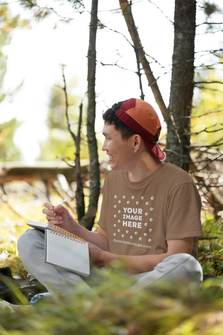 Man Wearing Brown T-shirt Mockup Front View Template