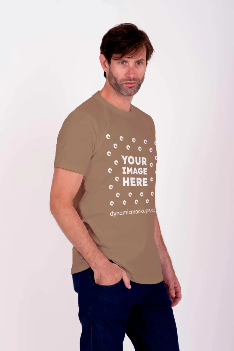 Man Wearing Brown T-shirt Mockup Side View Template