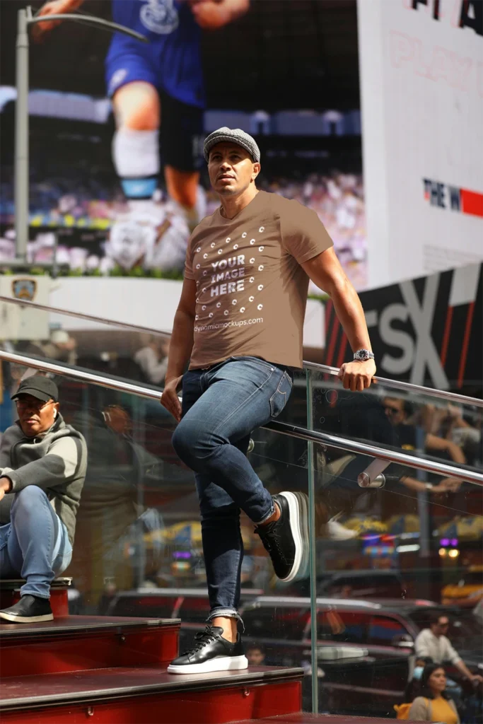 Man Wearing Brown T-shirt Mockup Front View Template