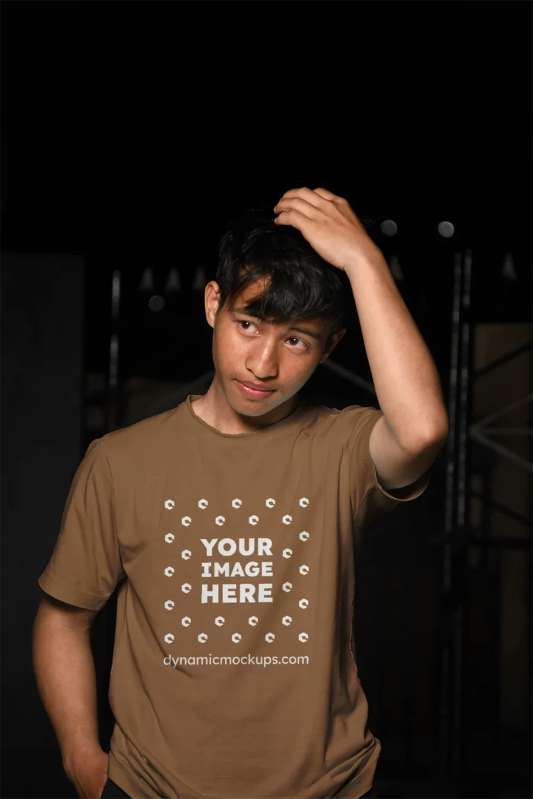 Man Wearing Brown T-shirt Mockup Front View Template