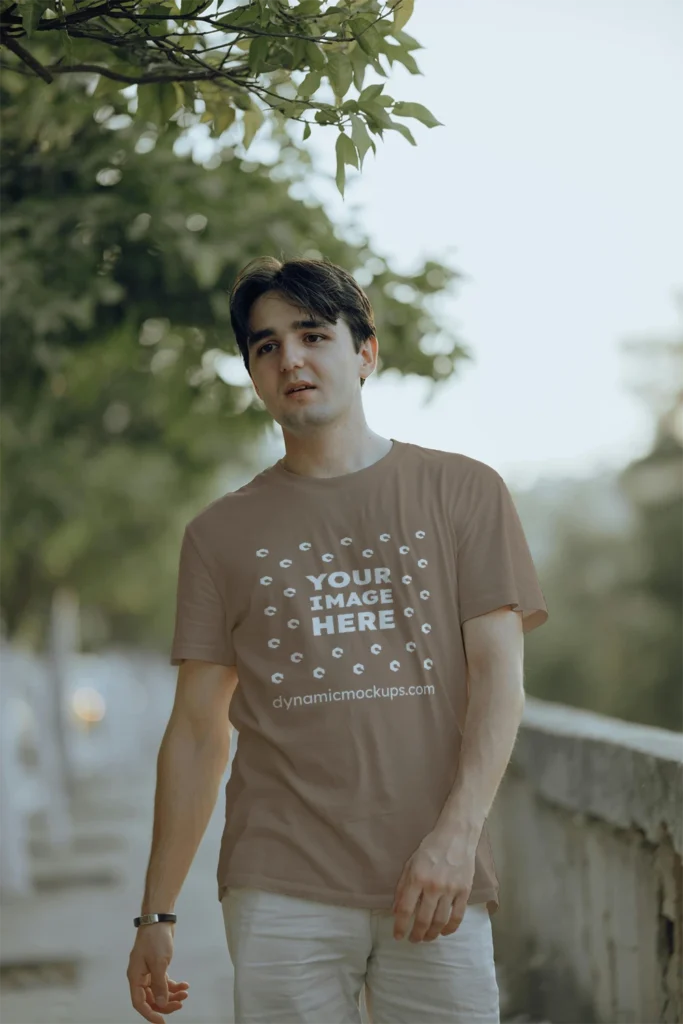 Man Wearing Brown T-shirt Mockup Front View Template