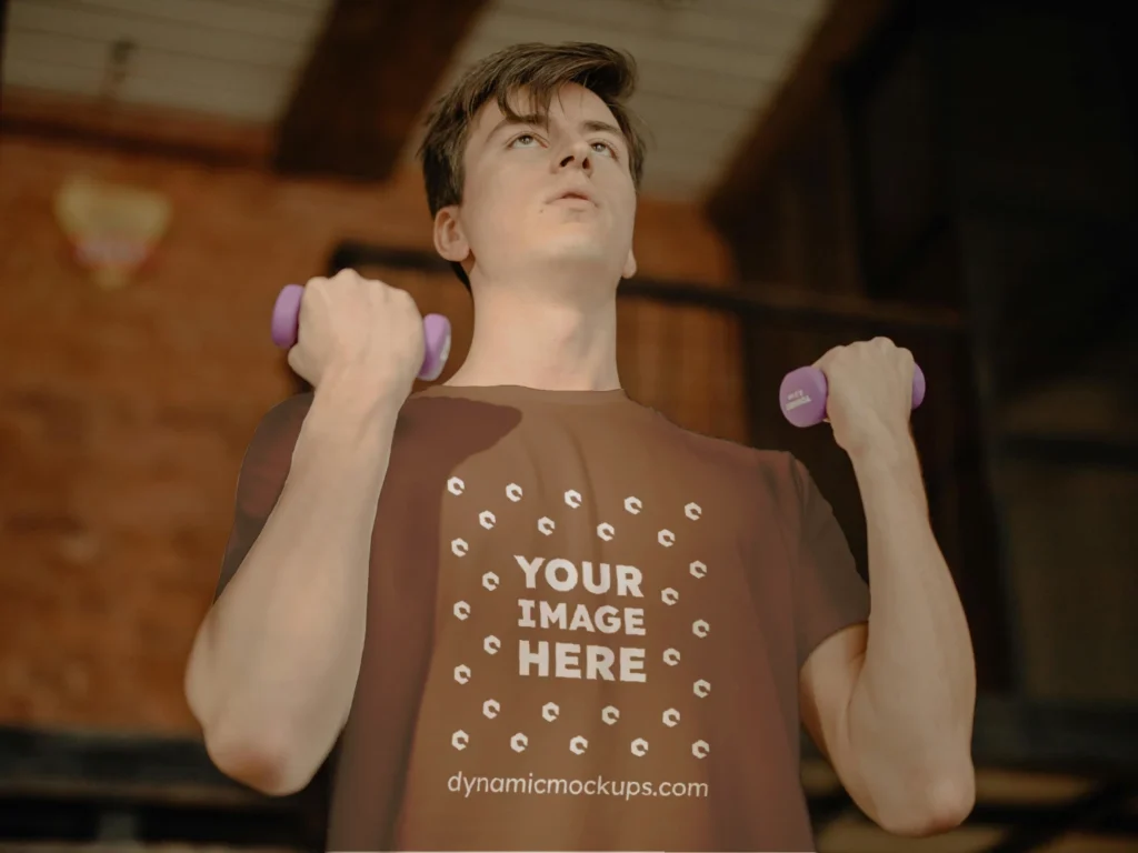 Man Wearing Brown T-shirt Mockup Front View Template