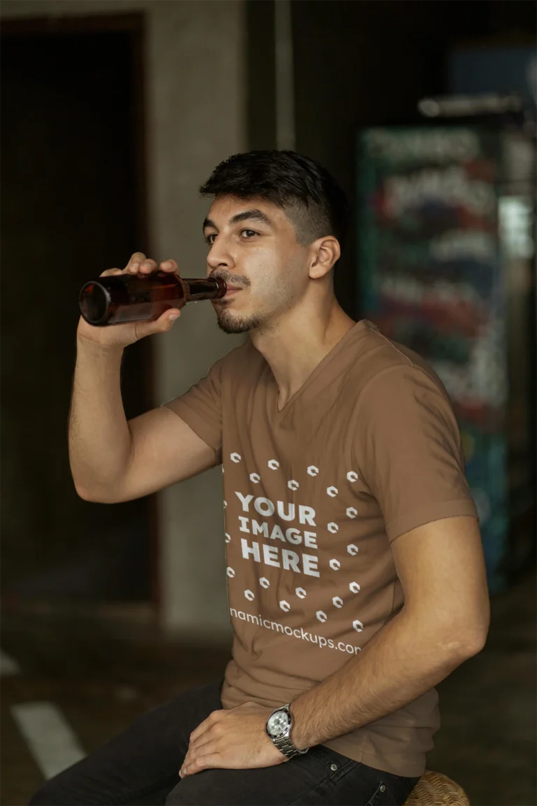 Man Wearing Brown T-shirt Mockup Side View Template