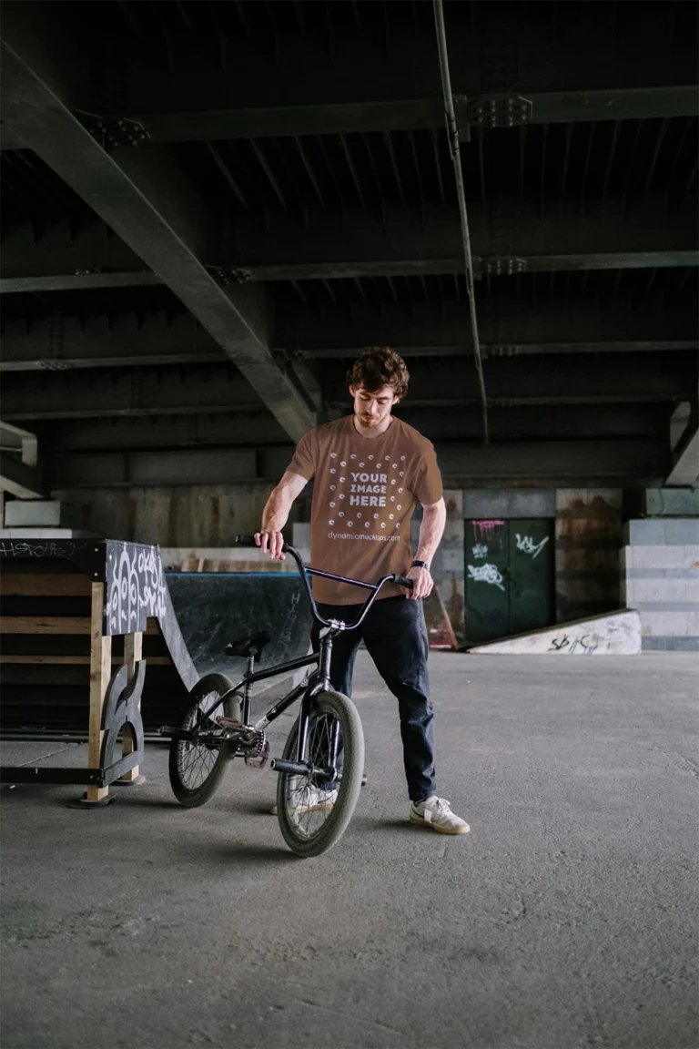 Man Wearing Brown T-shirt Mockup Front View Template