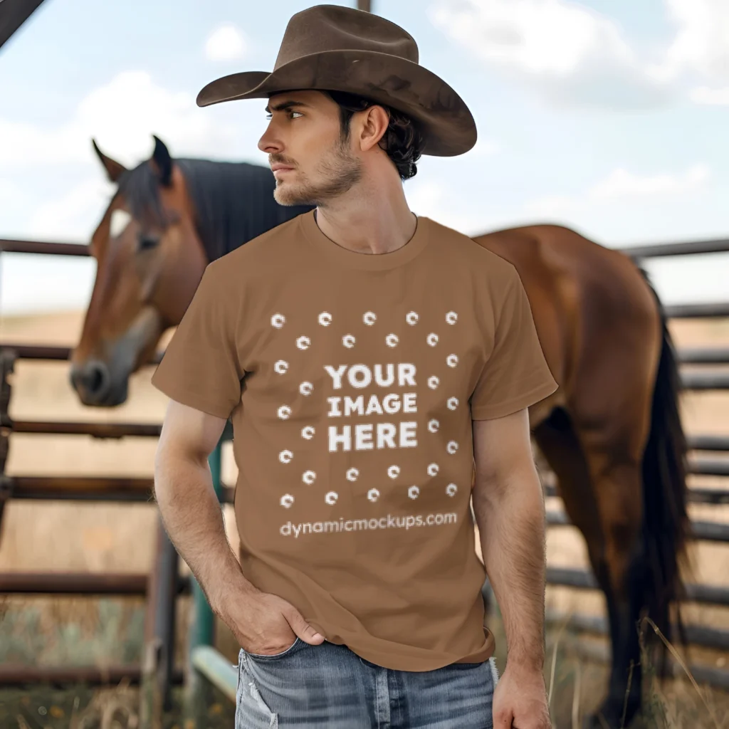 Man Wearing Brown T-shirt Mockup Front View Template