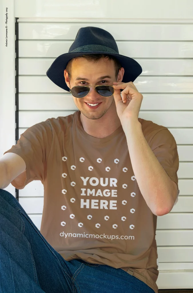 Man Wearing Brown T-shirt Mockup Front View Template