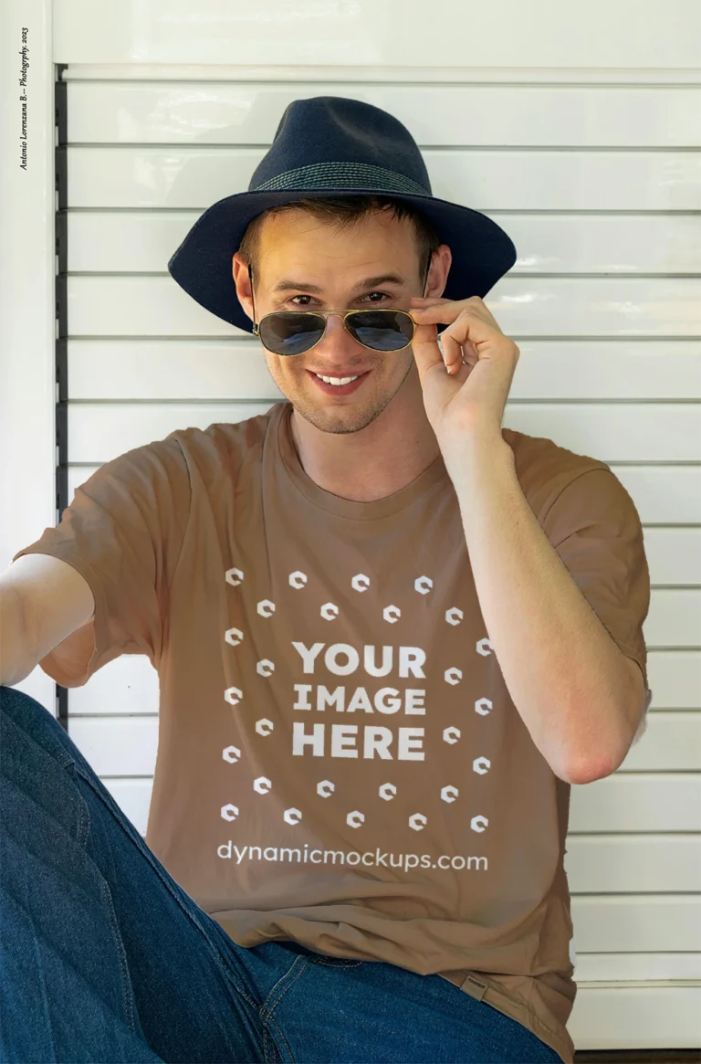 Man Wearing Brown T-shirt Mockup Front View Template