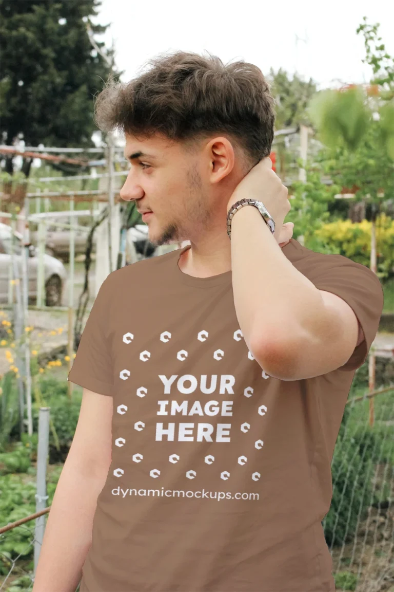 Man Wearing Brown T-shirt Mockup Front View Template