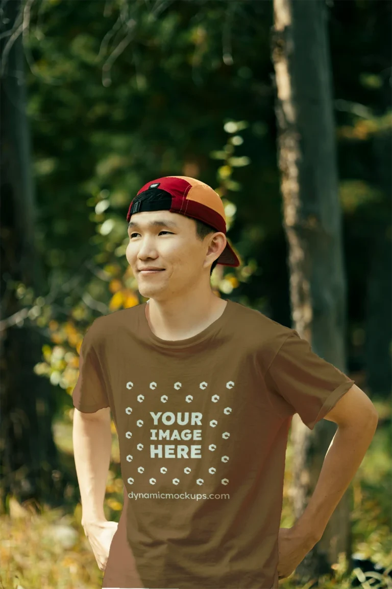 Man Wearing Brown T-shirt Mockup Front View Template