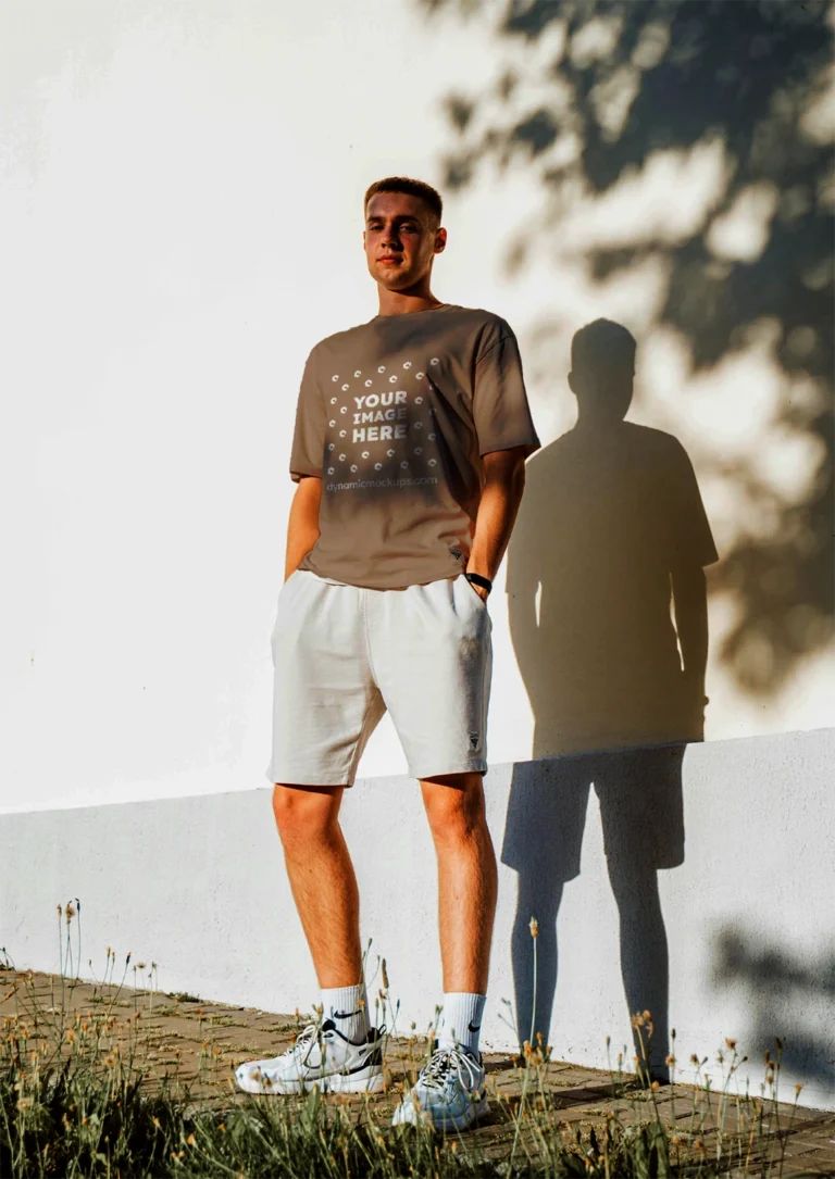 Man Wearing Brown T-shirt Mockup Front View Template