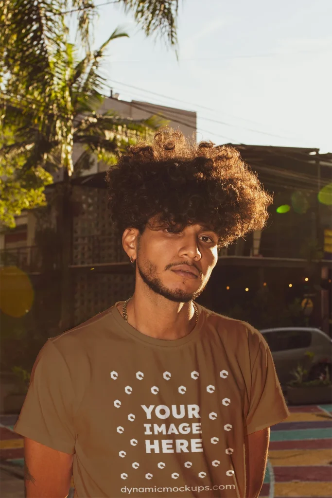 Man Wearing Brown T-shirt Mockup Front View Template