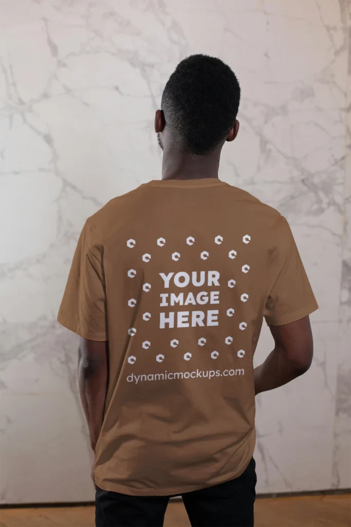 Man Wearing Brown T-shirt Mockup Back View Template