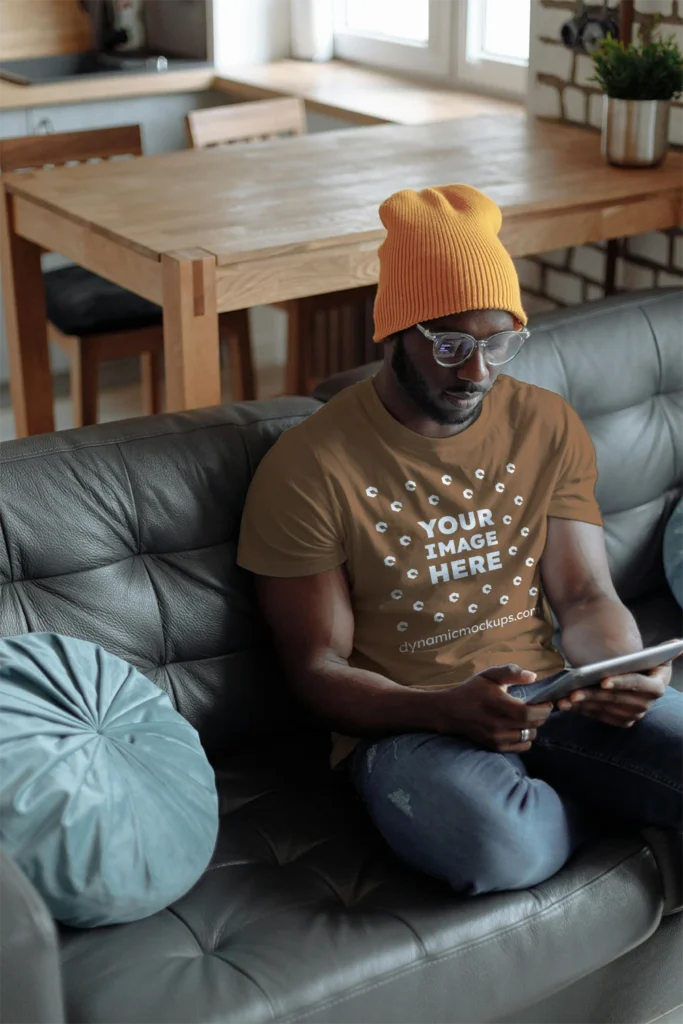 Man Wearing Brown T-shirt Mockup Front View Template