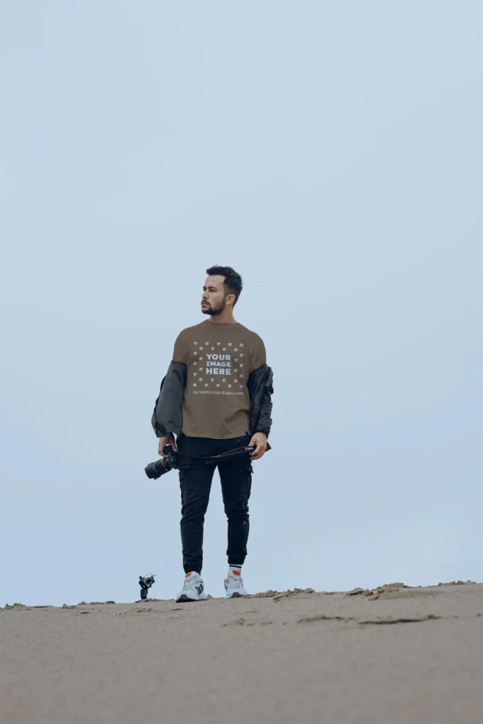 Man Wearing Brown T-shirt Mockup Front View Template