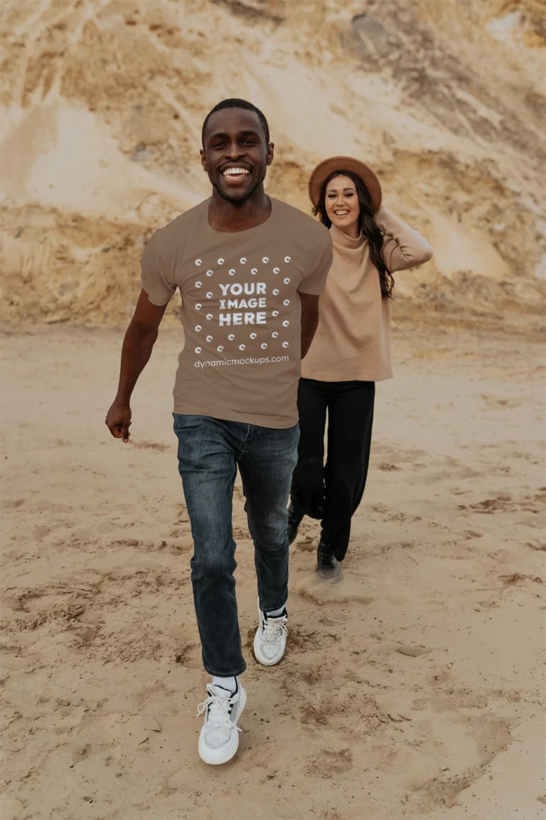 Man Wearing Brown T-shirt Mockup Front View Template