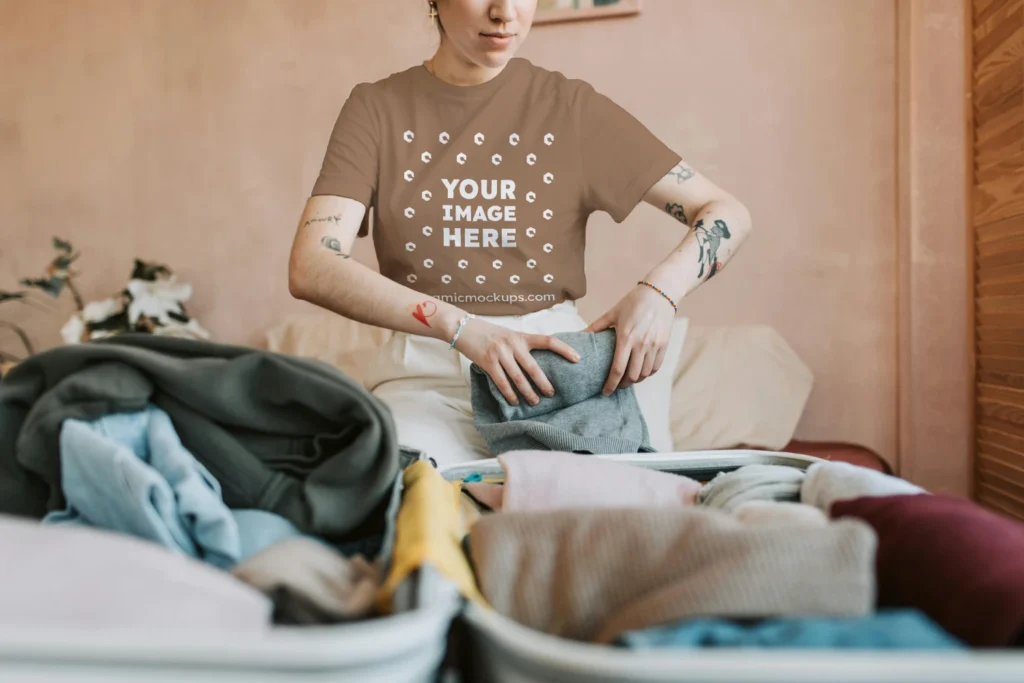 Man Wearing Brown T-shirt Mockup Front View Template