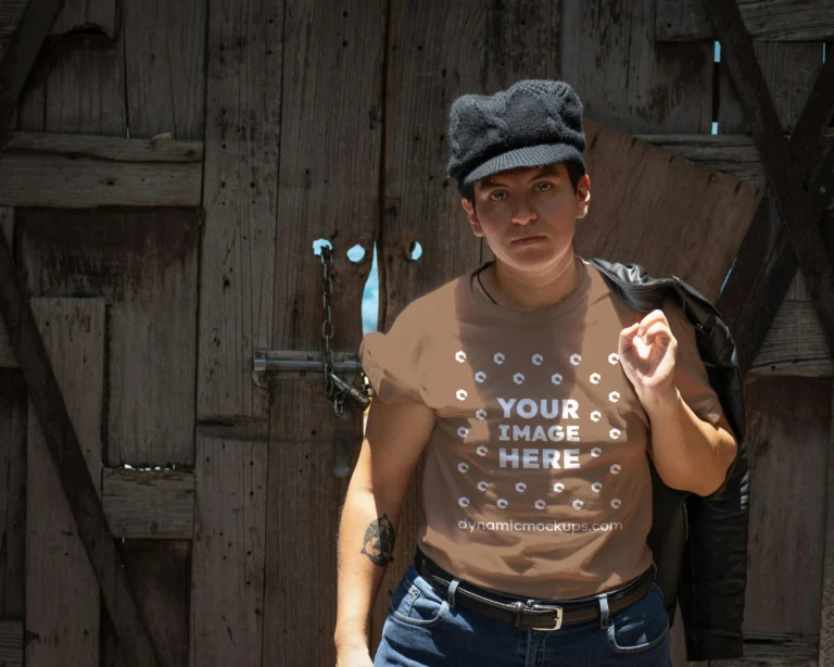 Man Wearing Brown T-shirt Mockup Front View Template