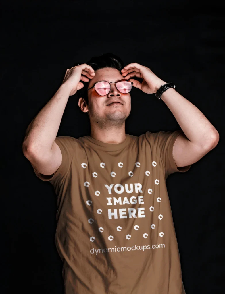 Man Wearing Brown T-shirt Mockup Front View Template