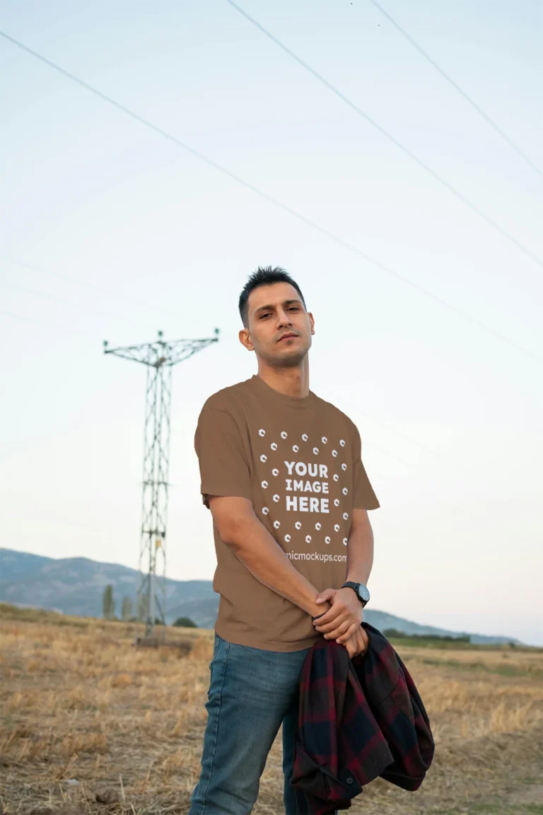 Man Wearing Brown T-shirt Mockup Front View Template