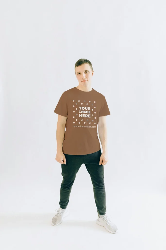 Man Wearing Brown T-shirt Mockup Front View Template