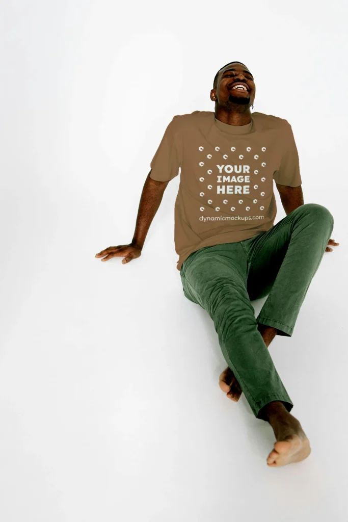 Man Wearing Brown T-shirt Mockup Front View Template