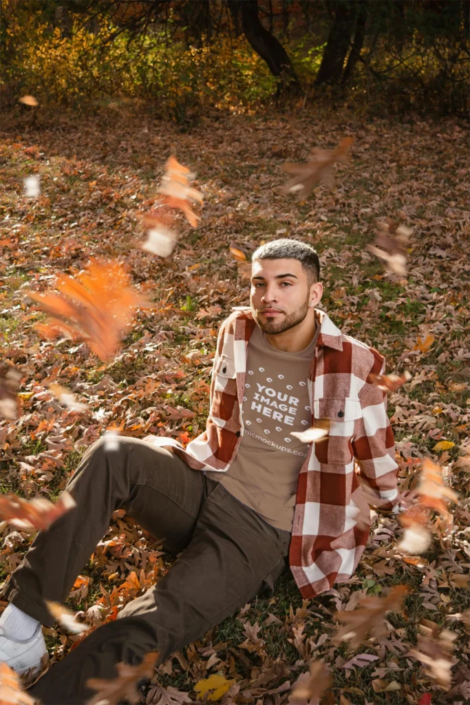 Man Wearing Brown T-shirt Mockup Front View Template