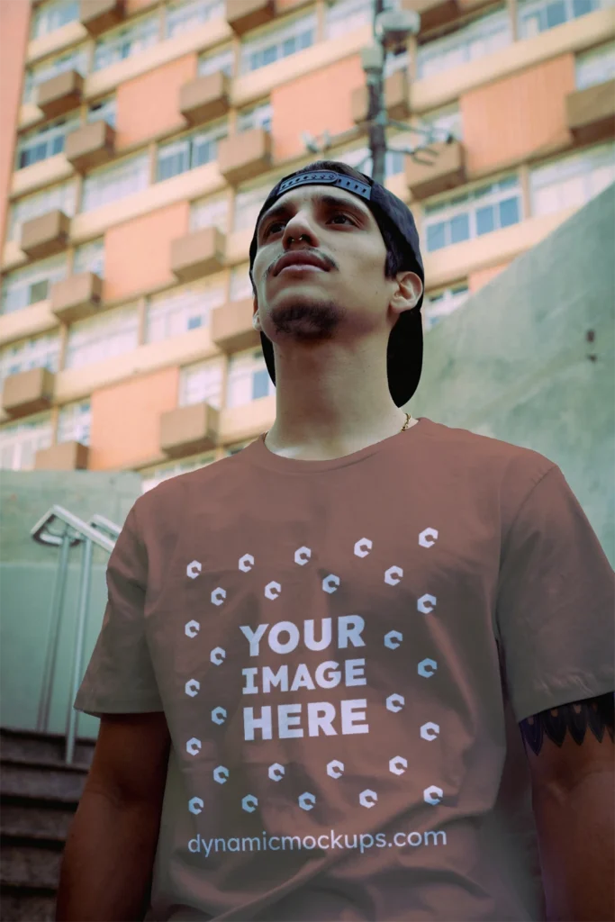 Man Wearing Brown T-shirt Mockup Front View Template