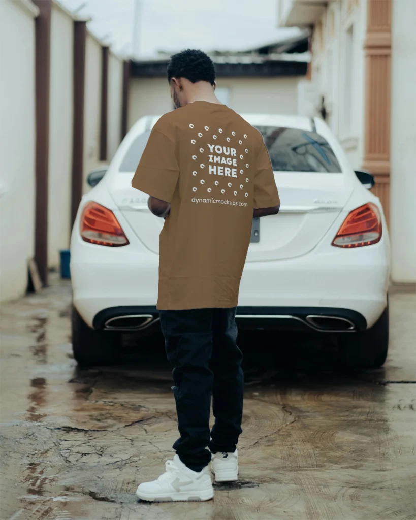 Man Wearing Brown T-shirt Mockup Back View Template