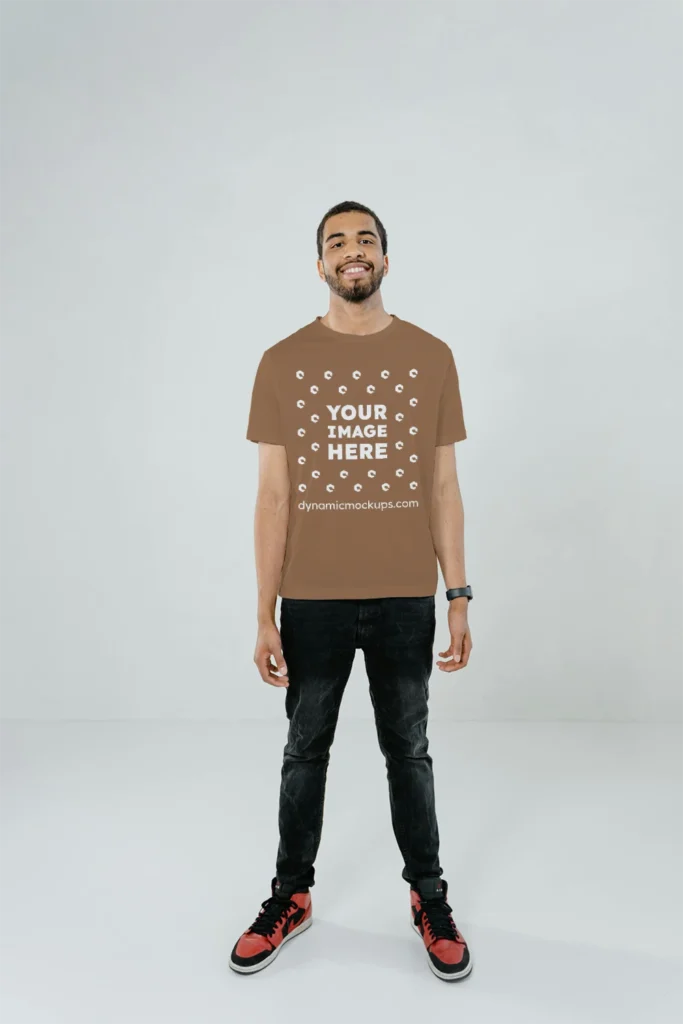 Man Wearing Brown T-shirt Mockup Front View Template