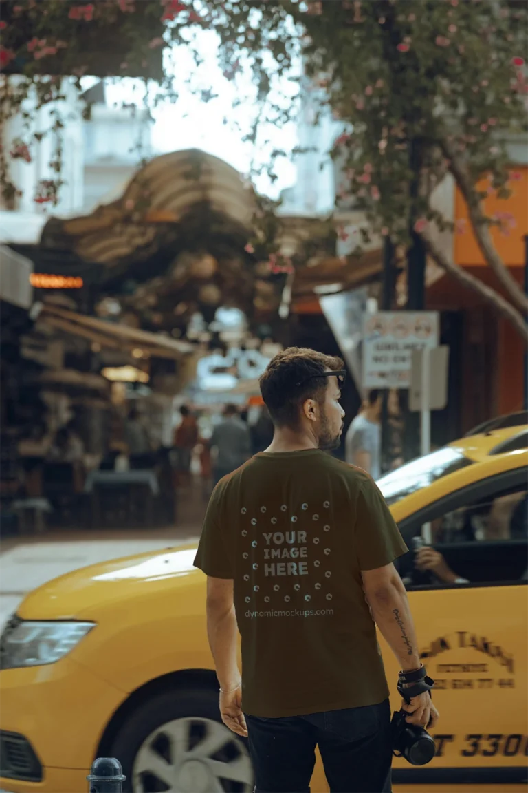 Man Wearing Brown T-shirt Mockup Back View Template