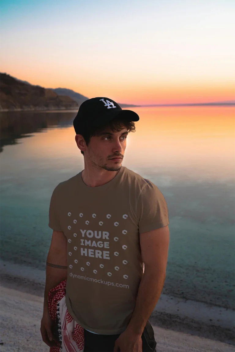 Man Wearing Brown T-shirt Mockup Front View Template