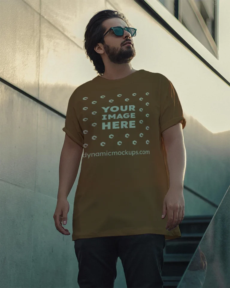 Man Wearing Brown T-shirt Mockup Front View Template