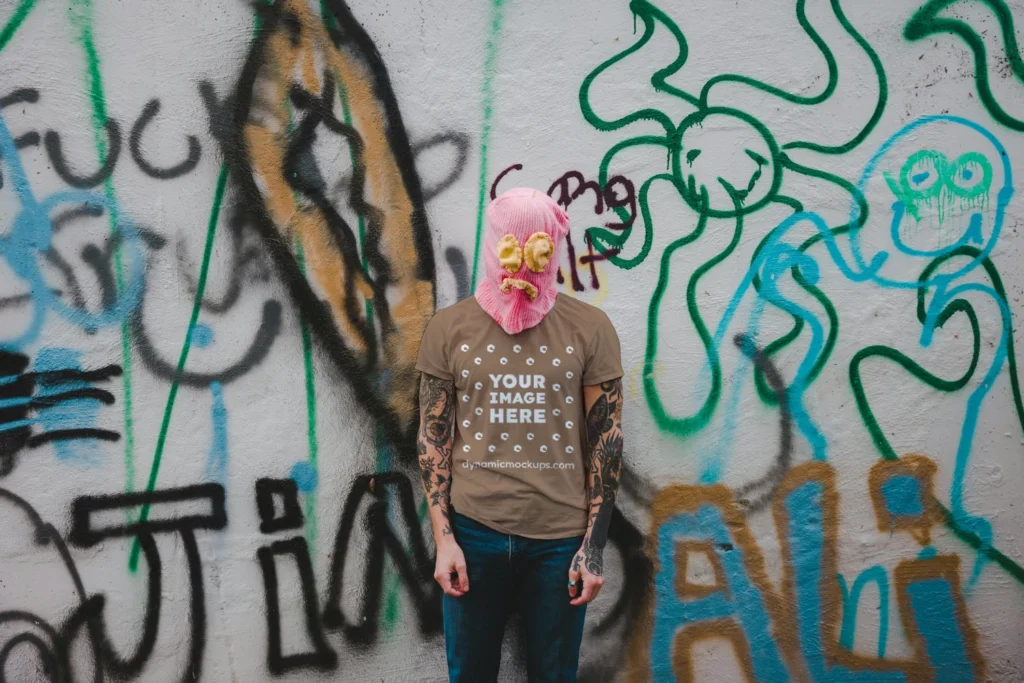 Man Wearing Brown T-shirt Mockup Front View Template