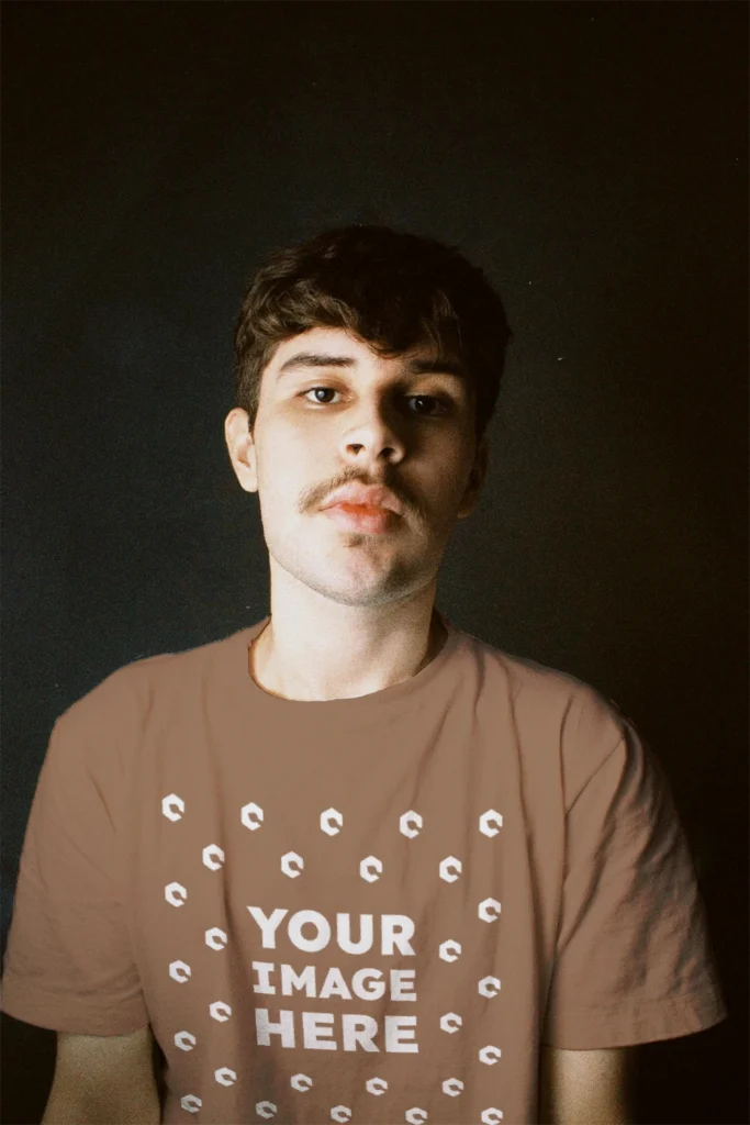 Man Wearing Brown T-shirt Mockup Front View Template