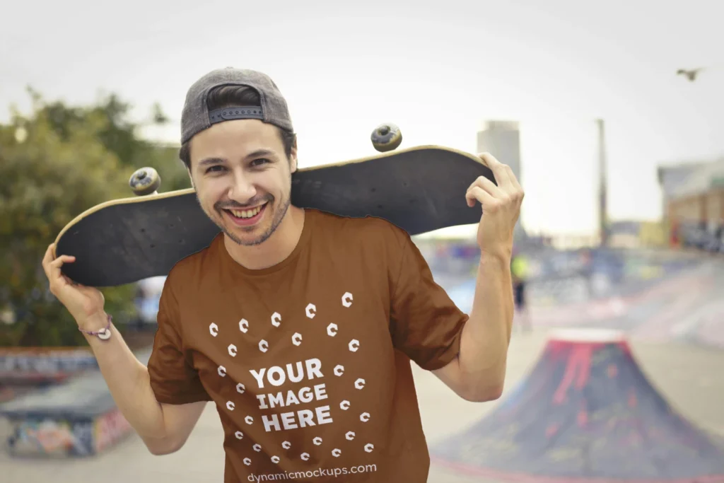 Man Wearing Brown T-shirt Mockup Front View Template