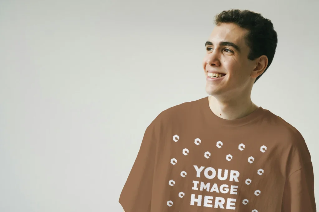 Man Wearing Brown T-shirt Mockup Front View Template