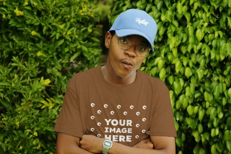 Man Wearing Brown T-shirt Mockup Front View Template