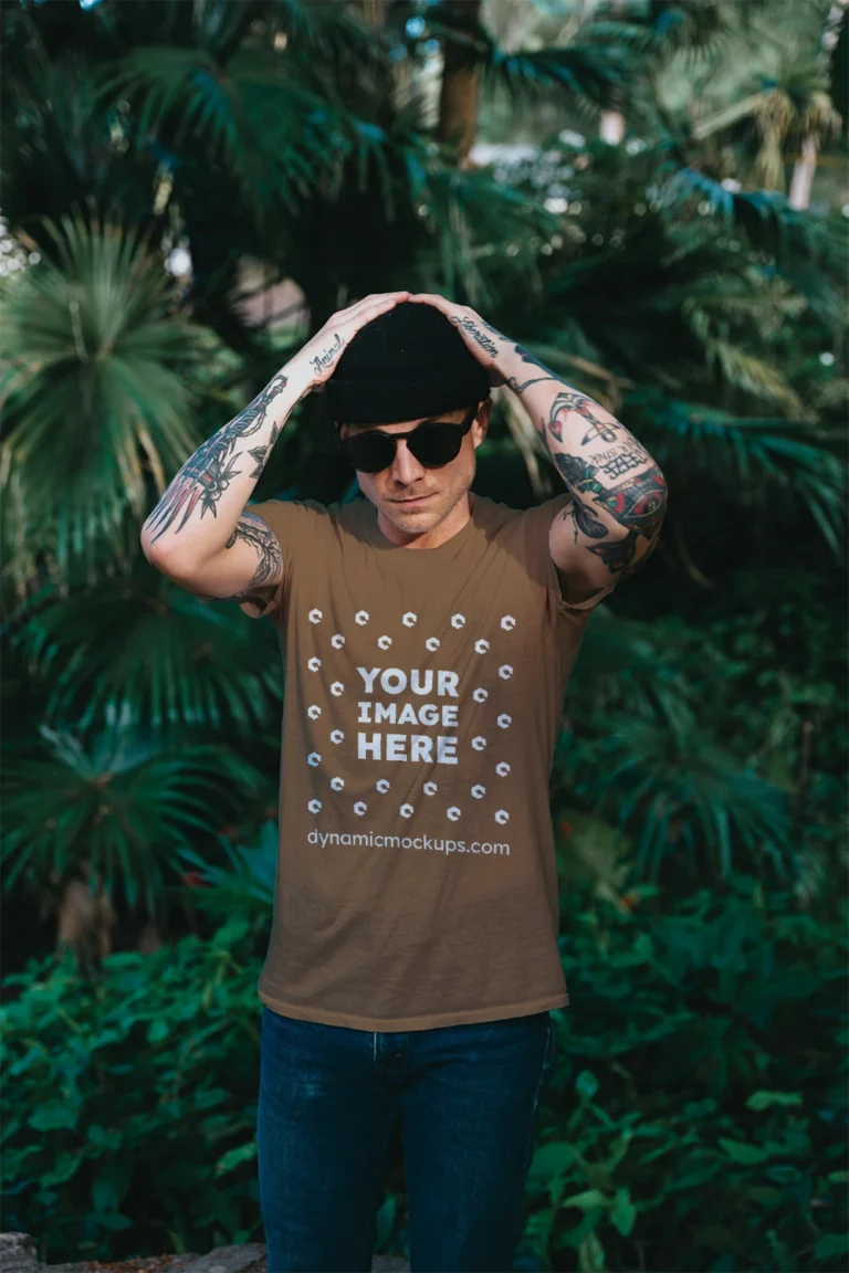 Man Wearing Brown T-shirt Mockup Front View Template