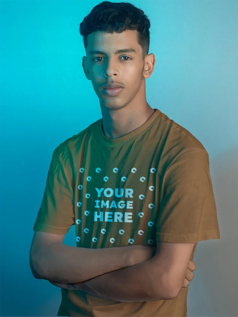 Man Wearing Brown T-shirt Mockup Front View Template