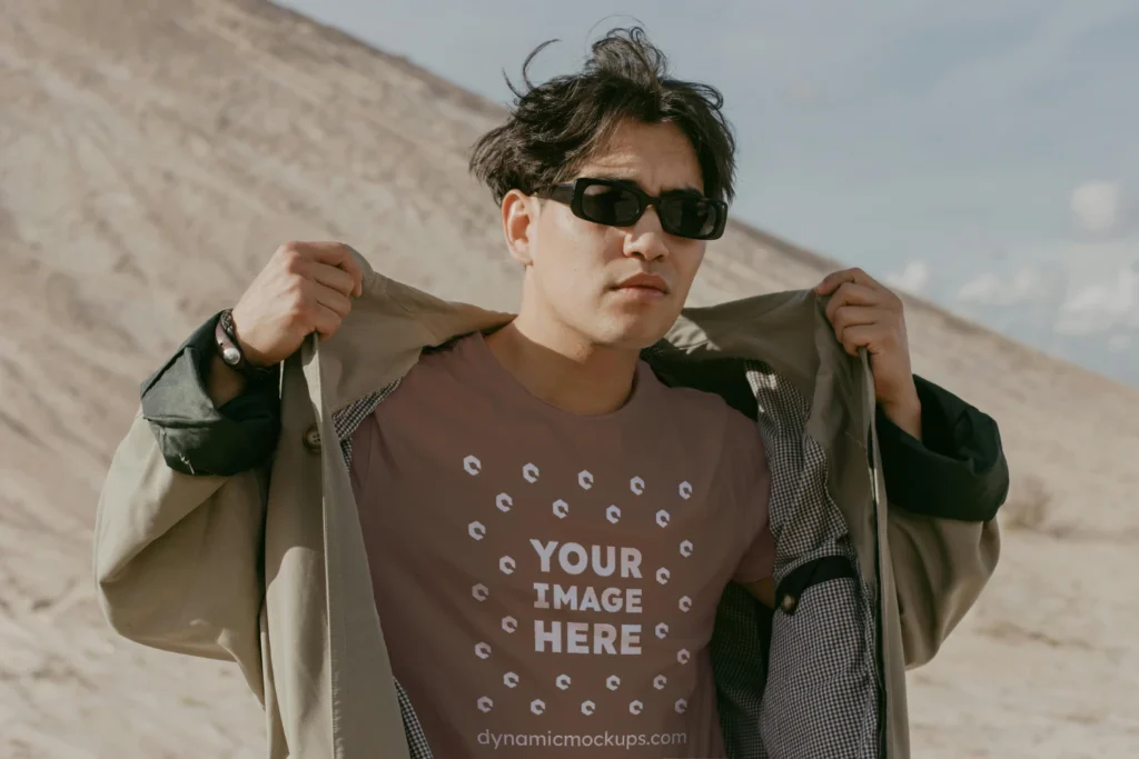 Man Wearing Brown T-shirt Mockup Front View Template