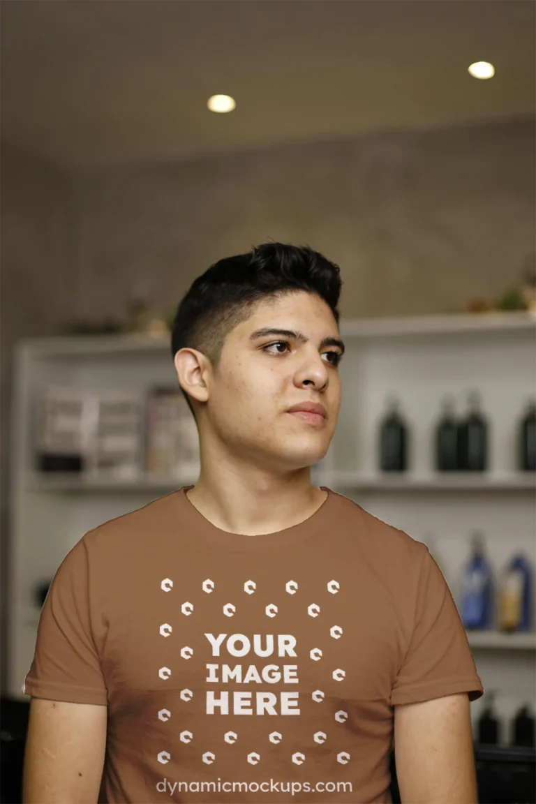 Man Wearing Brown T-shirt Mockup Front View Template